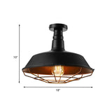 Black Vintage Metal Cage Ceiling Light Semi Flush Mount Indoor 1-Head Lighting With Barn Shade -