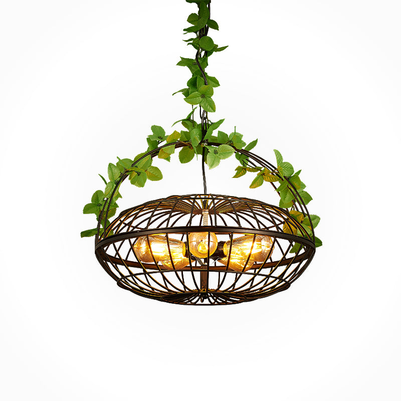 Metal Pendant Chandelier: 5-Bulb Industrial Black Basket-Cage Shade With Hanging Lamp And Plant –