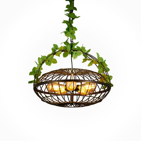 Metal Pendant Chandelier: 5-Bulb Industrial Black Basket-Cage Shade With Hanging Lamp And Plant –
