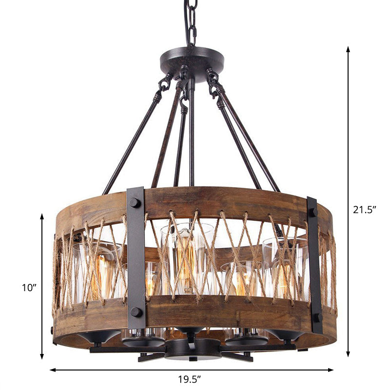 Retro Black Rope-Weaved Wood Drum Pendant Chandelier - 5-Light Metal Fixture For Dining Room