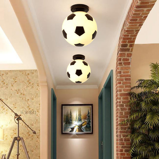 Black & White Glass Soccer Ceiling Light For Sporty Corridors