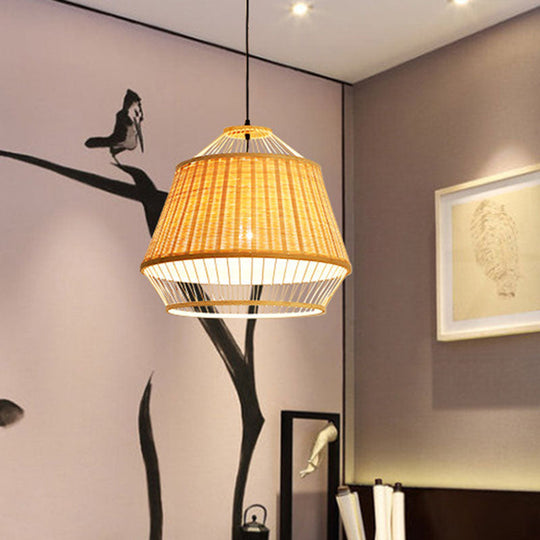 Asian Rattan Hand-Twisted Wood Ceiling Lamp: 1-Bulb Pendant Lighting For Bedside / C