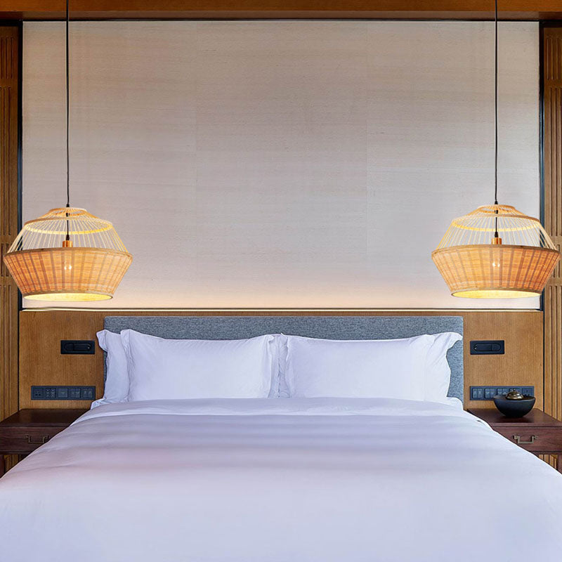 Asian Rattan Hand-Twisted Wood Ceiling Lamp: 1-Bulb Pendant Lighting For Bedside / E