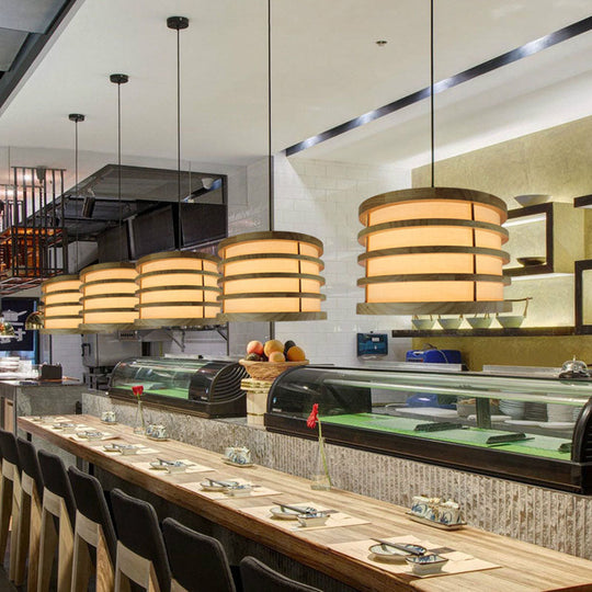 Contemporary Beige Bucket Pendant: 1-Light Wood Hanging Fixture