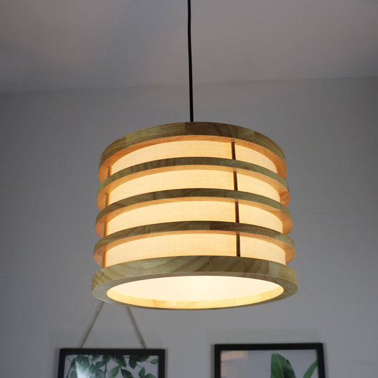 Contemporary Beige Bucket Pendant: 1-Light Wood Hanging Fixture