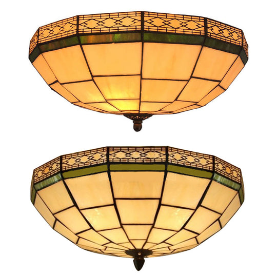 8’/10’ W Tiffany Flush Mount Ceiling Light With 3-Light Fixture In Beige Art Glass Dome Shade -