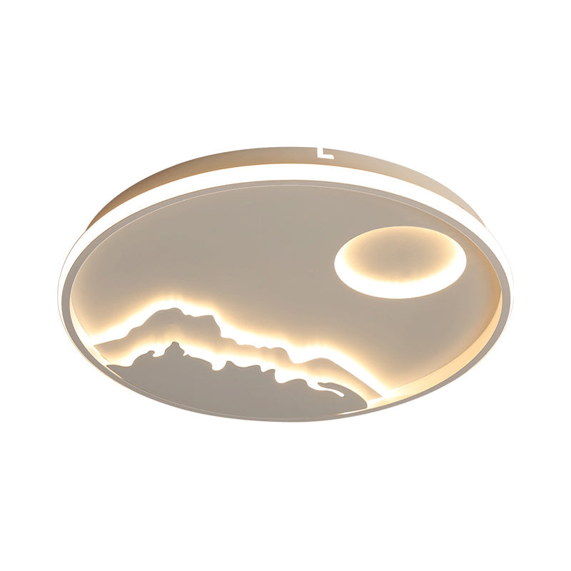 Modern Led Flush Ceiling Light With Artistic Acrylic White Ring And Mountain Decor