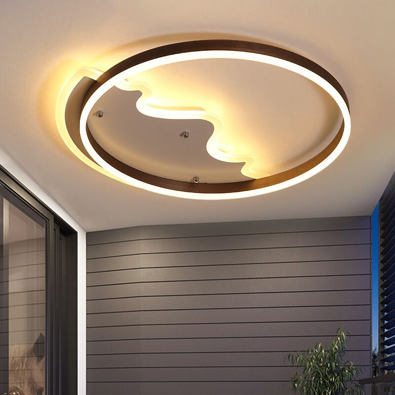 Contemporary Led Flush Mount Ceiling Light With Coffee - Colored Metal Ring - Ideal For Mountain