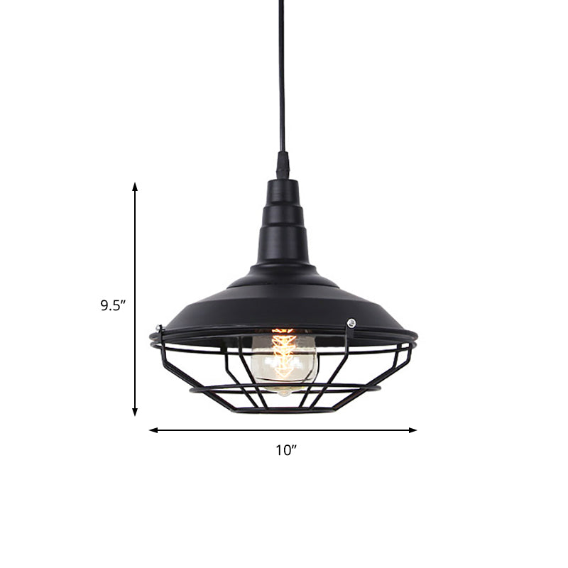 Nautical Iron 1-Light Black Pendant Lamp With Wire Cage - Barn Living Room Hanging Fixture