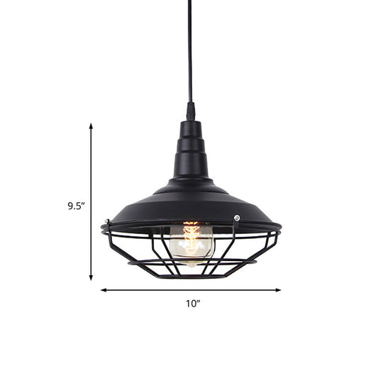 Nautical Iron 1-Light Black Pendant Lamp With Wire Cage - Barn Living Room Hanging Fixture