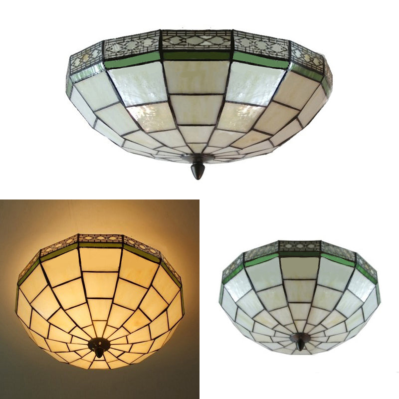 8’/10’ W Tiffany Flush Mount Ceiling Light With 3-Light Fixture In Beige Art Glass Dome Shade -