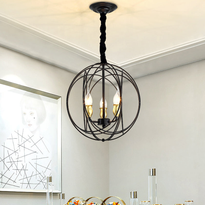 Industrial Metal Candle Light Fixture Black Pendant Lighting With Orb Cage - 14’/19’ Wide