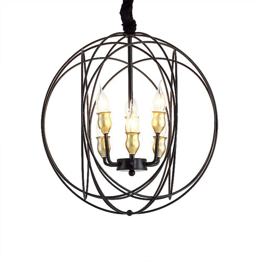 Industrial Metal Candle Light Fixture Black Pendant Lighting With Orb Cage - 14’/19’ Wide