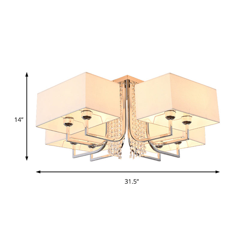 Contemporary Crystal Drop Ceiling Light Fixture With White Cubic Fabric Shade 23.5’/31.5’ Wide