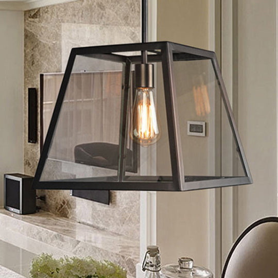 Trapezoid Pendant Light - Traditional 1-Light Suspension Lamp In Black Metal And Glass