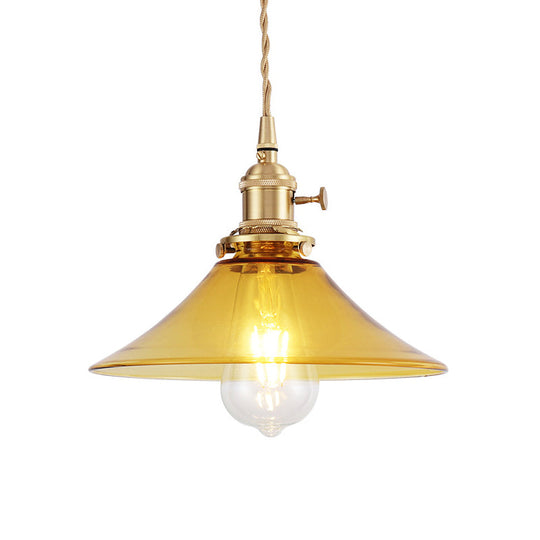 Farmhouse Amber Glass Pendant Ceiling Light - Brass Conical Design