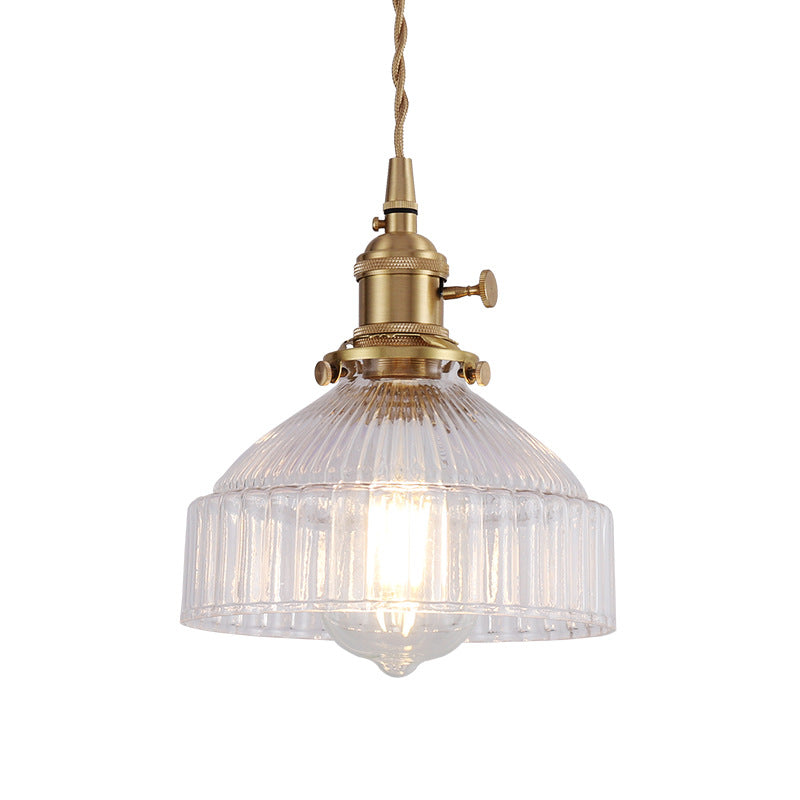 Industrial Clear Ribbed Glass Pendant Light Kit With Brass Fixture - Bowl Living Room Hanging