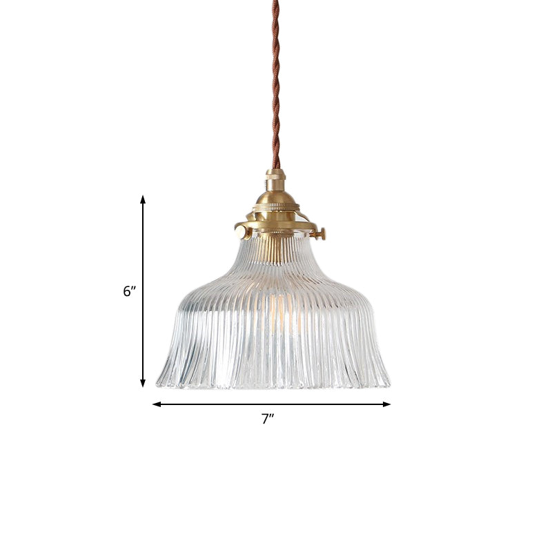 Industrial Clear Textured Glass Pendant Lamp - 1 Light Brass Barn Hanging Indoor 6’/8