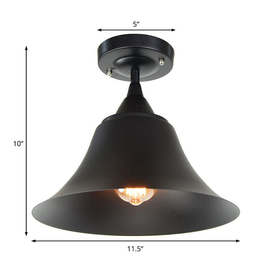 Metal Semi Flush Industrial Ceiling Light Fixture - Single Bulb Black Cone Design For Living Room