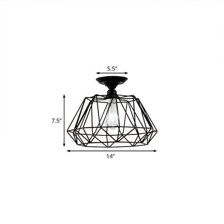 Geometric Semi Flush Industrial Black Metal Lighting Fixture With Cage
