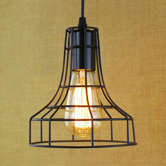 Antique-Style Open Cage Pendant Lamp In Black For Hallway