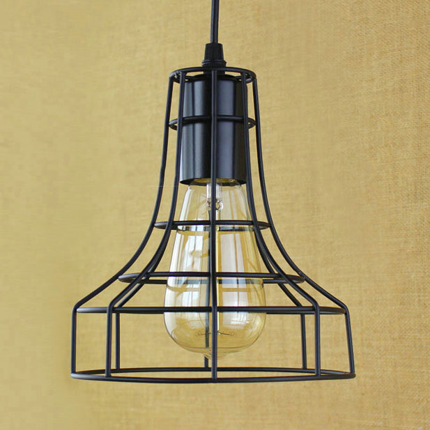 Antique-Style Open Cage Pendant Lamp In Black For Hallway