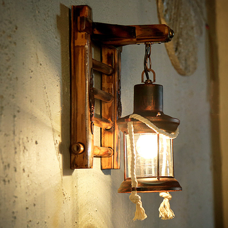 Vintage Bronze Kerosene Wall Lamp With Clear Glass Sconce For Indoor - Bamboo Backplate 1 Light