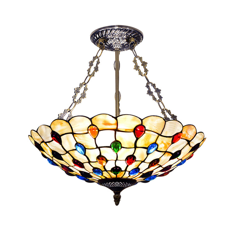 Tiffany Ceiling Light With Jeweled Semi Flush Design - 16’/18’ Diameter 3 Lights Beige Art