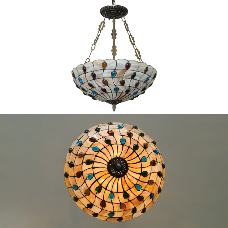 Tiffany Ceiling Light With Jeweled Semi Flush Design - 16’/18’ Diameter 3 Lights Beige Art