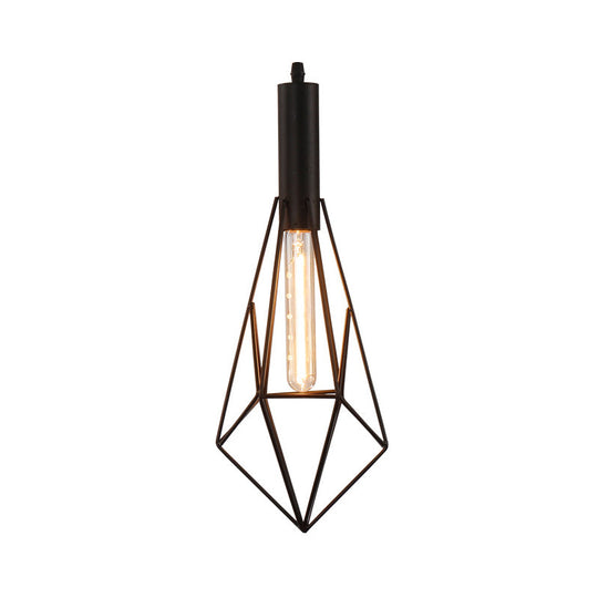 Iron Diamond-Shaped Pendant Light Antique 1-Light Dining Room Hanging Fixture Black / B