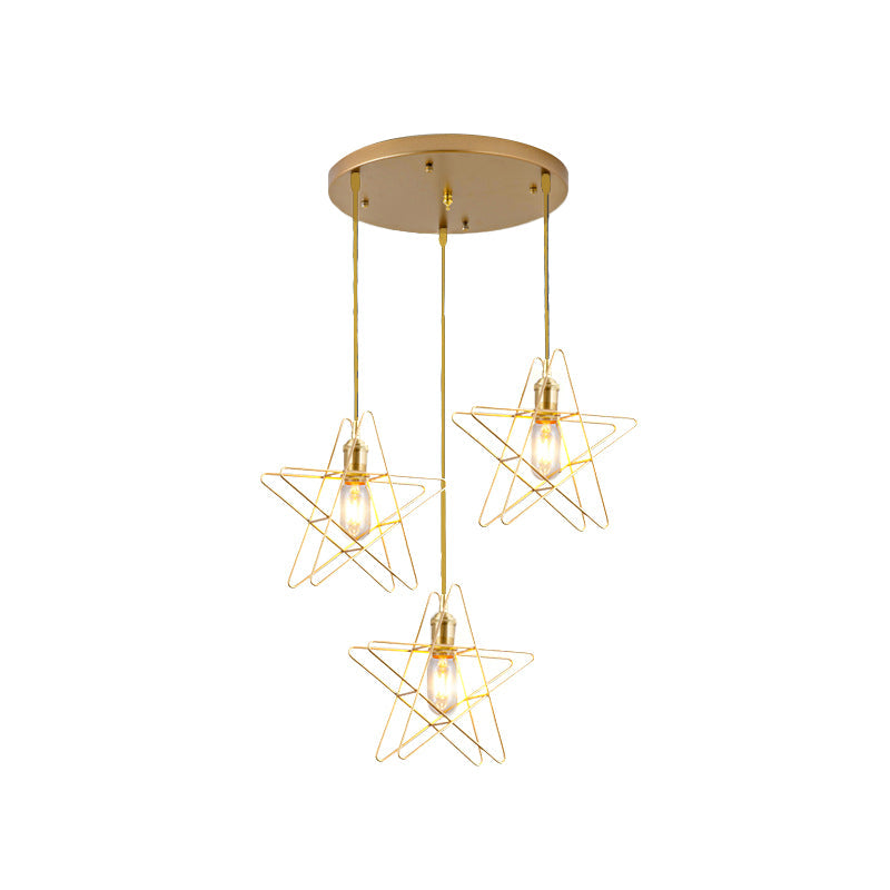 Gold Star Cage Ceiling Light - Simplicity Design Metal Frame 3 Bulbs Ideal For Dining Room