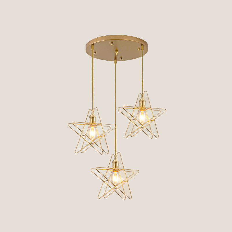 Gold Star Cage Ceiling Light - Simplicity Design Metal Frame 3 Bulbs Ideal For Dining Room