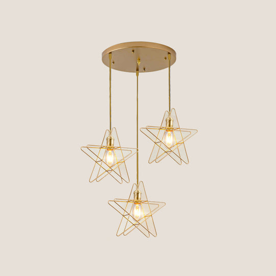 Gold Star Cage Ceiling Light - Simplicity Design Metal Frame 3 Bulbs Ideal For Dining Room