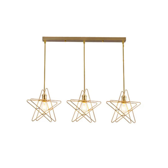 Gold Star Cage Ceiling Light - Simplicity Design Metal Frame 3 Bulbs Ideal For Dining Room