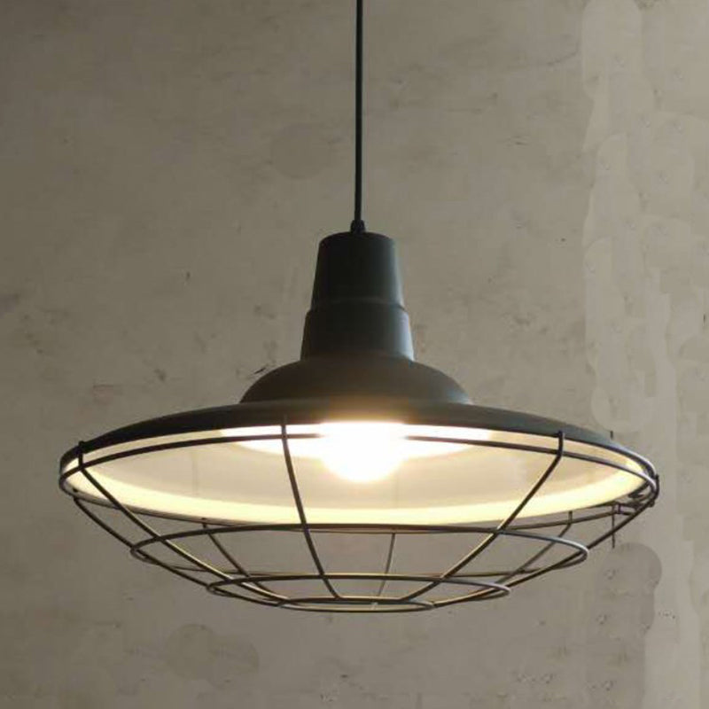 Antique Black Iron Pot Lid Pendant Light With Cage Bottom - Ideal For Restaurants