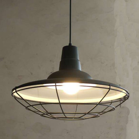 Antique Black Iron Pot Lid Pendant Light With Cage Bottom - Ideal For Restaurants