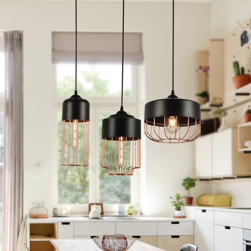 Vintage Geometric Cage Pendant Light - Antique 1-Light Fixture For Dining Room Black