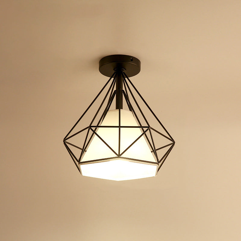 Vintage Diamond Shaped Metal Ceiling Light With Fabric Cone Shade - Single Flush Mount Fixture