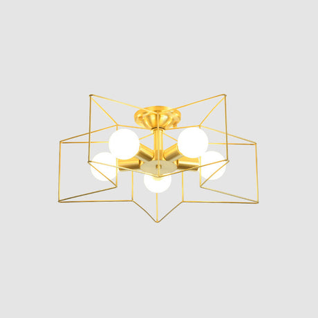 Industrial Style Metal Star Cage Flush Mount In Gold - Bedroom Ceiling Lighting