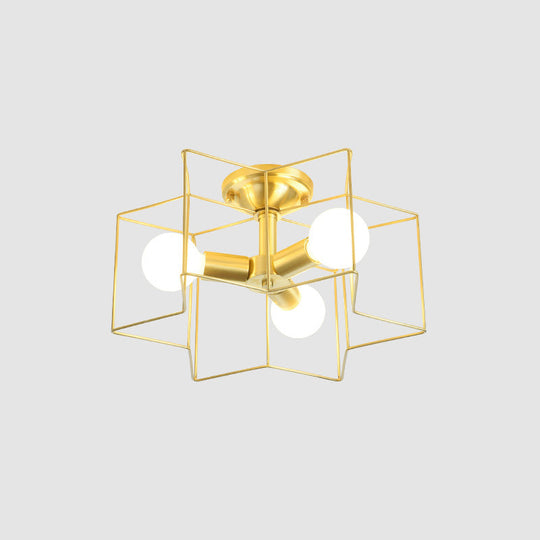 Industrial Style Metal Star Cage Flush Mount In Gold - Bedroom Ceiling Lighting