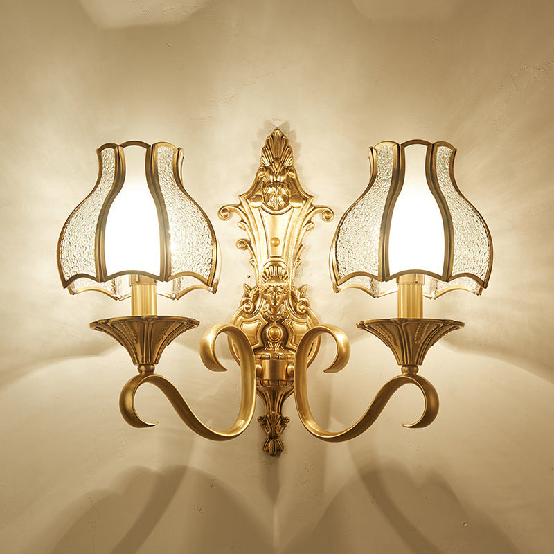 Traditional Floral Wall Mount Light Fixture With Gold Ripple Glass