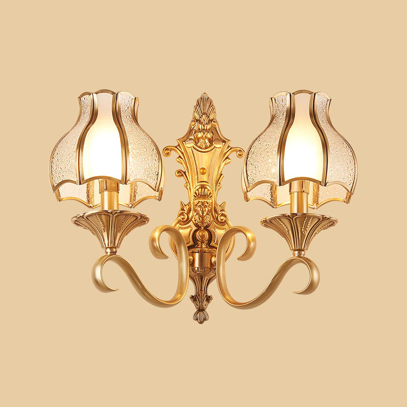 Traditional Floral Wall Mount Light Fixture With Gold Ripple Glass