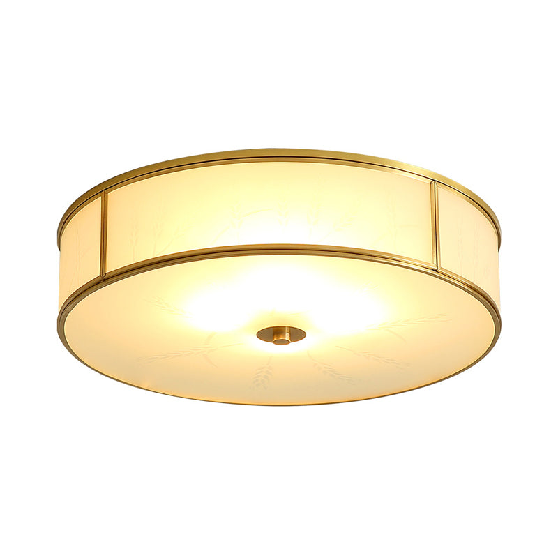 Opal Glass Cylinder Flush Mount Ceiling Light In Gold - Traditional Bedroom Lighting