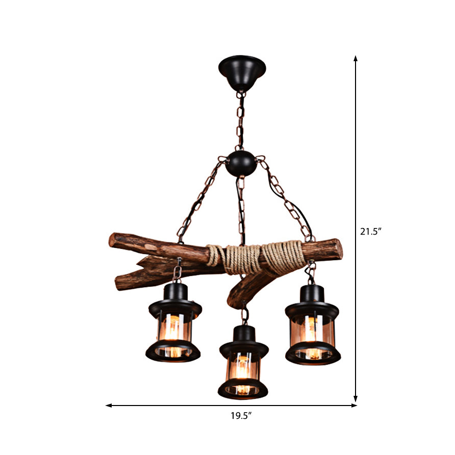 Coastal Lantern Chandelier With Clear Glass 3 Lights Black Finish Chain & Wood