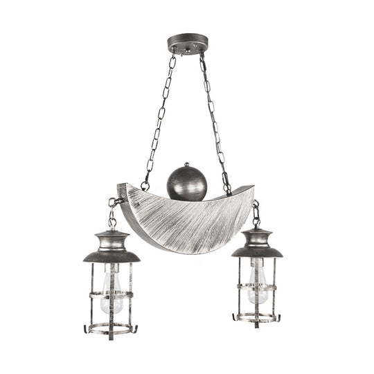 Retro Industrial Metal Pendant Chandelier With 2 Lights - Caged Living Room Fixture (Gold/Silver)