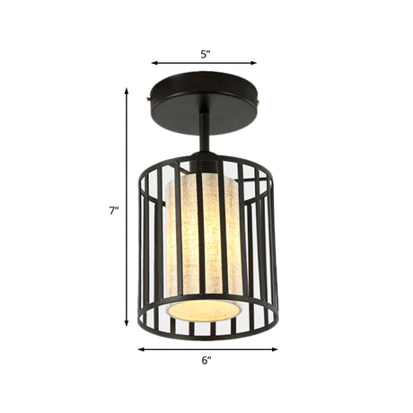 Industrial Black Metal Semi Flush Light With Fabric Shade - Perfect For Hallways And Corridors
