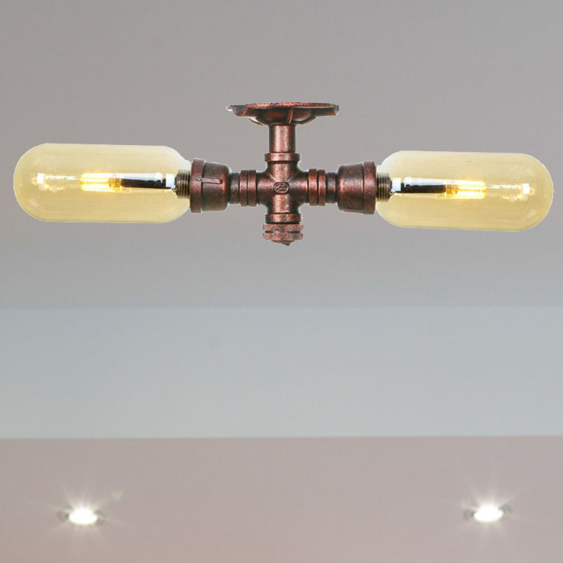 Rustic 2 - Bulb Kitchen Ceiling Light With Amber Glass Shade And Weathered Copper Pipe Design