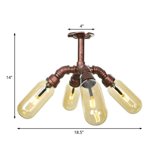 Evelyn’s Antique Copper 4/6 Lights Ceiling Mount Rustic Style Amber Glass Sputnik Semi Flush