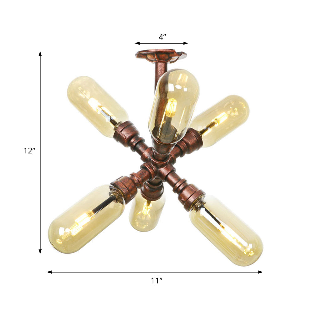 Evelyn’s Antique Copper 4/6 Lights Ceiling Mount Rustic Style Amber Glass Sputnik Semi Flush