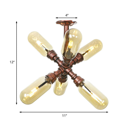 Evelyn’s Antique Copper 4/6 Lights Ceiling Mount Rustic Style Amber Glass Sputnik Semi Flush